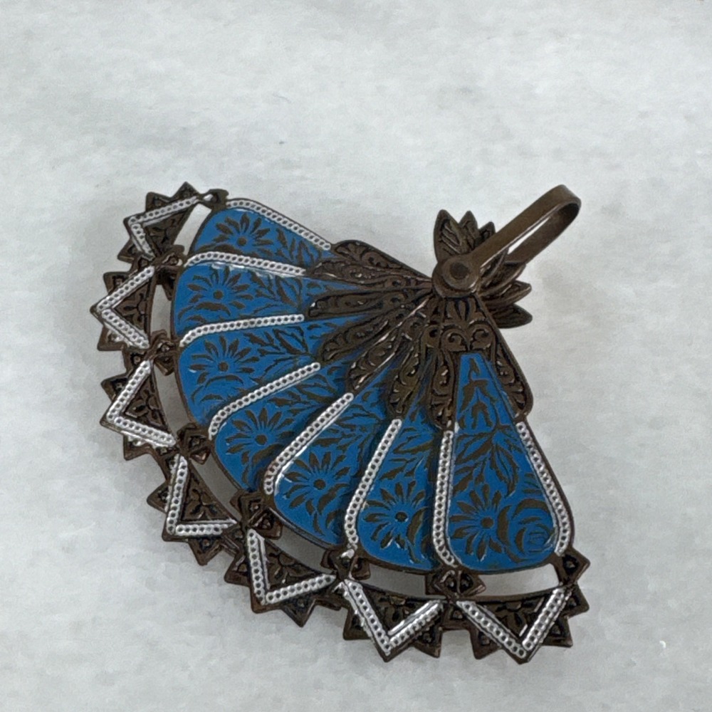 Vintage Spanish Damascene Fan Brooch with Pendant Option